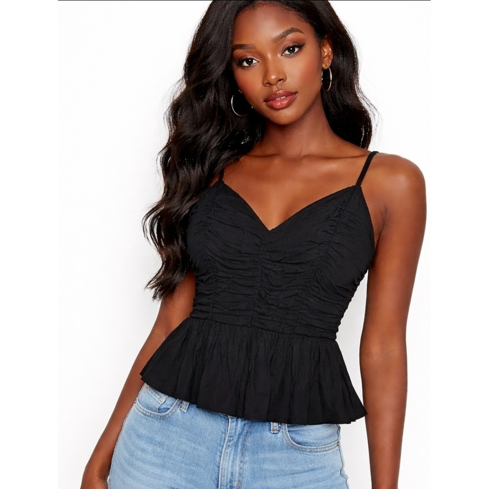 NWT Black Camisole Blouse Ruched Smocked V Neck Peplum Womens XS Whimsigoth